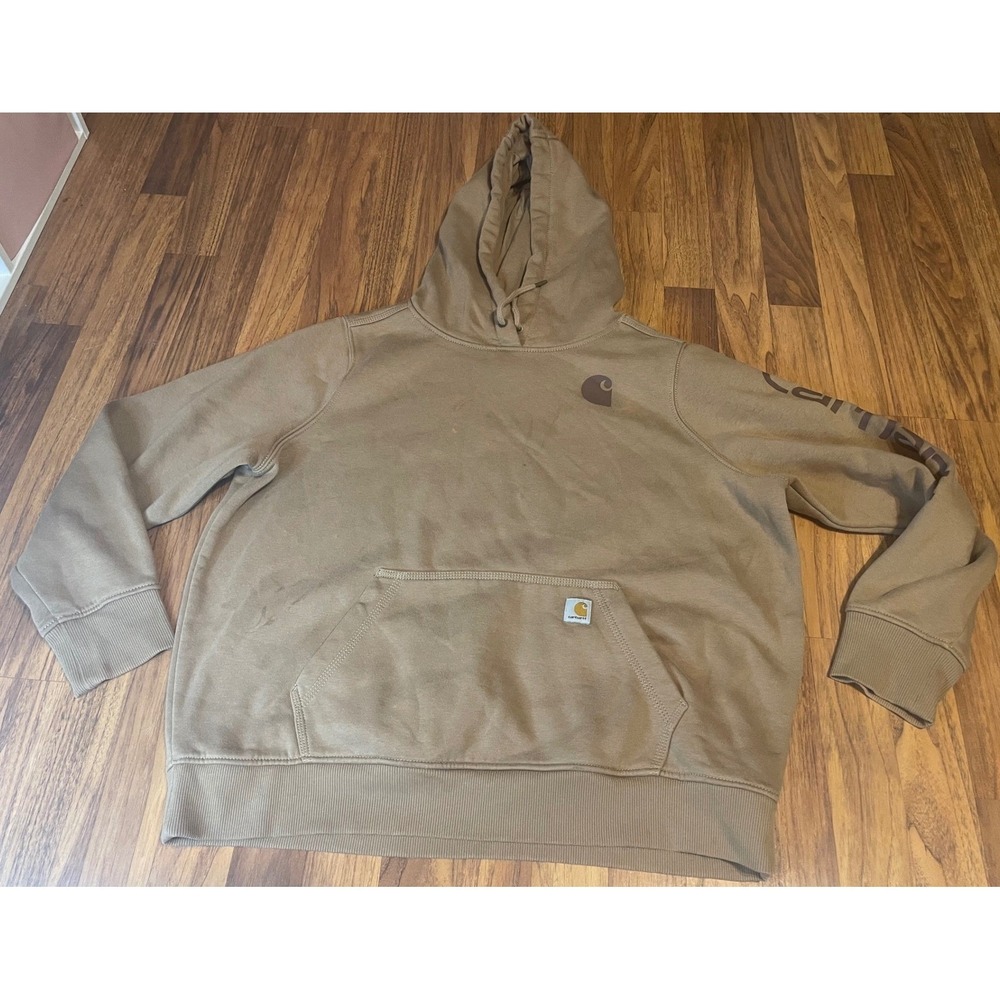 Carhartt Relaxed Fit Hoodie Mens XL Tan Brown Graphic Sleeve Sweatshirt TS0288-W
